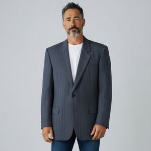 Vintage Hugo Boss Blazer 40R Blue Gray Pinstripe Wool Suit Jacket Made USA